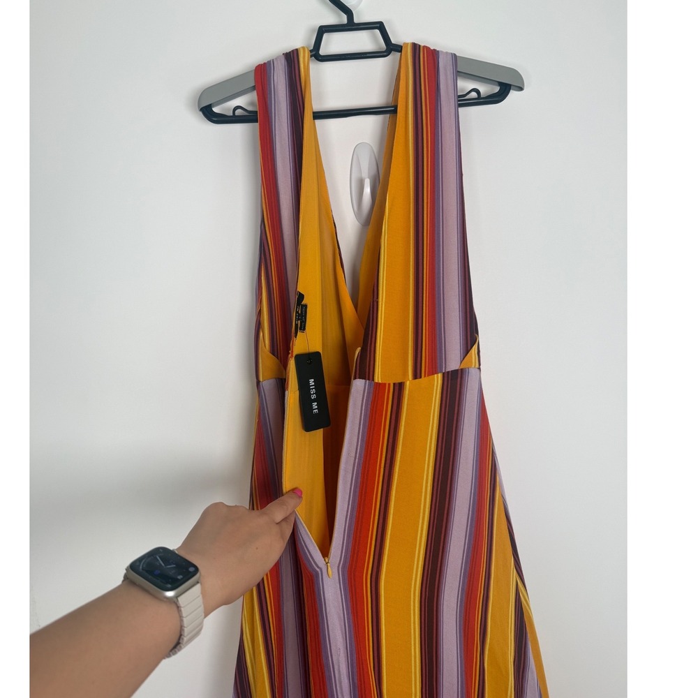 Miss Me Maxi Dress Women's Large Viscose Striped Plunge V Neck Boho Yellow New - Picture 2 of 10
